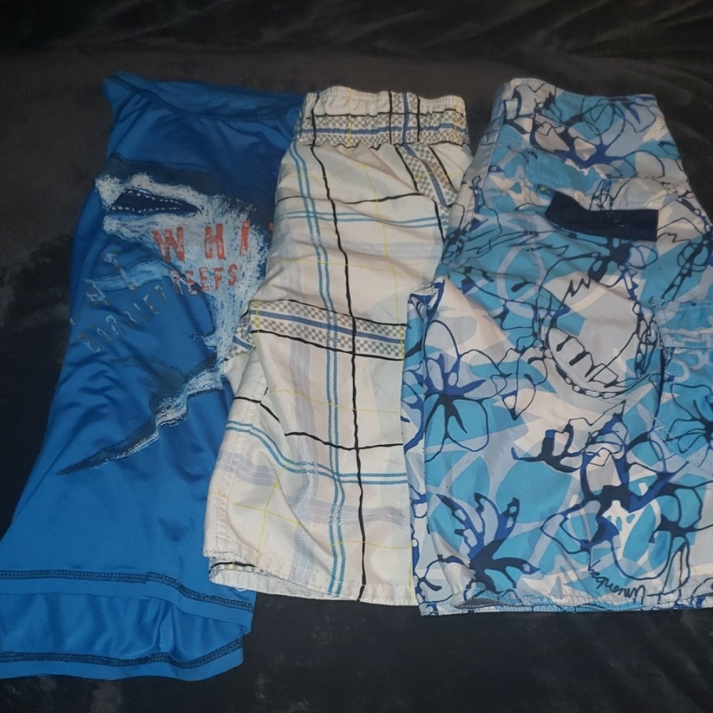 2 board shorts and uv shirt